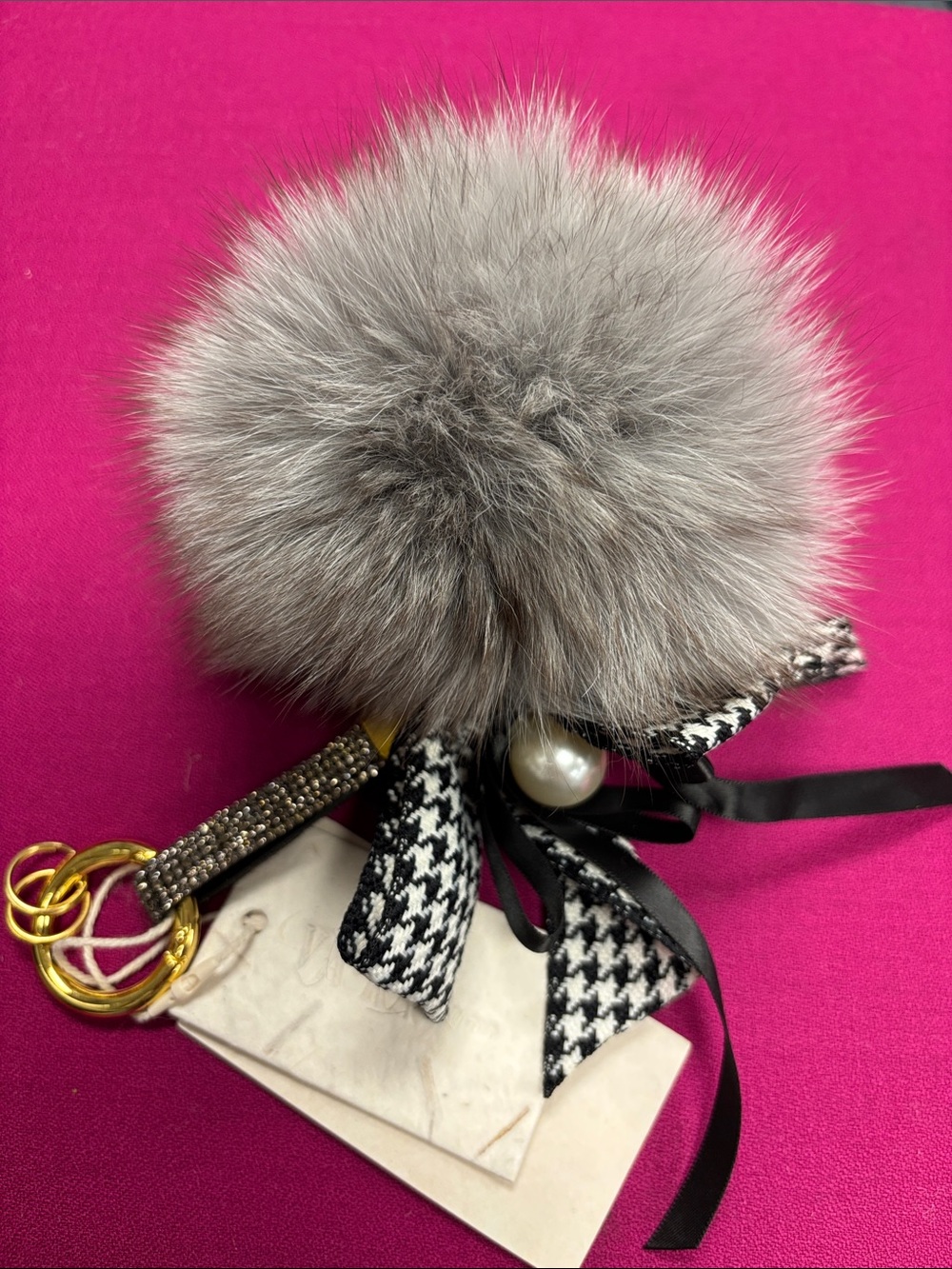 VAKA  Gray Fur Pom Pom Keychain Charm with Houndstooth Bow